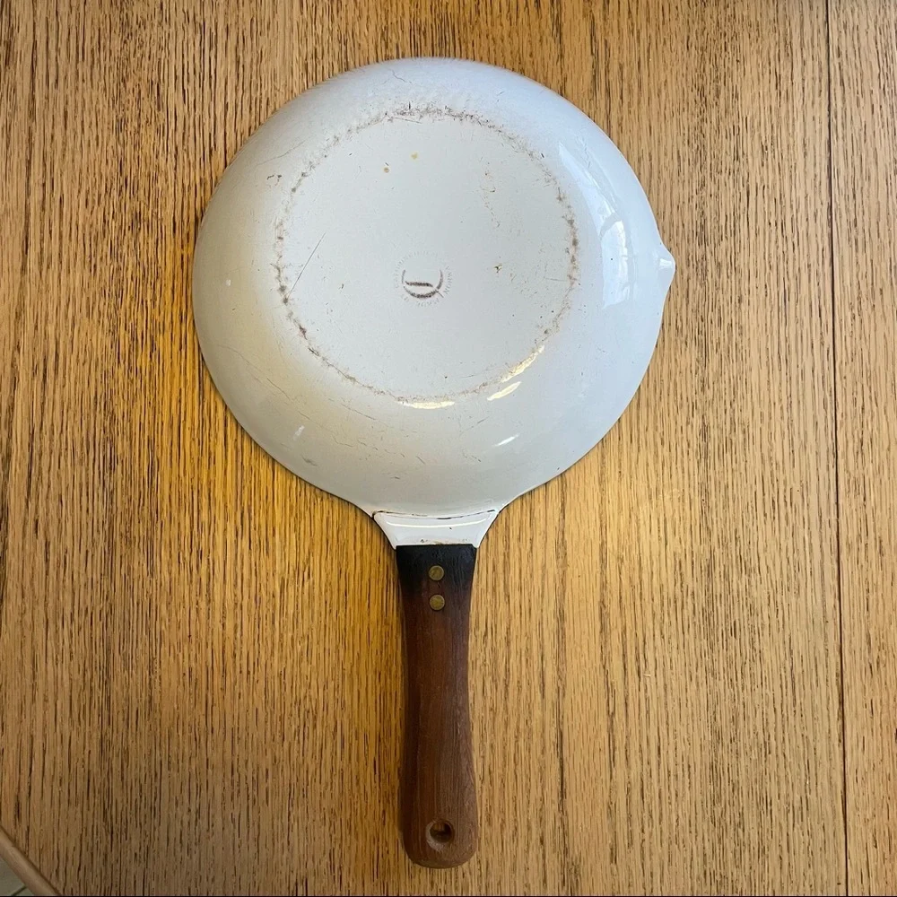 Vintage Cathrineholm Norway enamel sauté frying pan white & orange 9” diameter